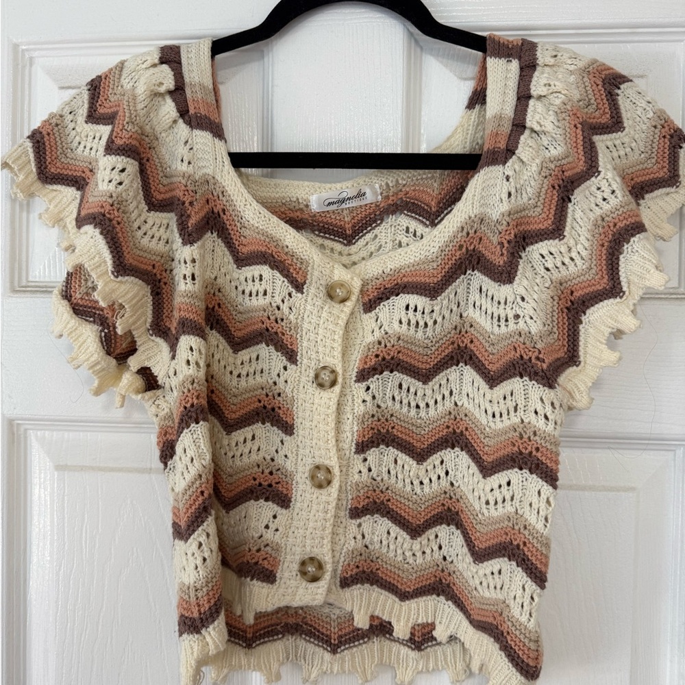 Crochet Zigzag Cardigan - Cream and Brown